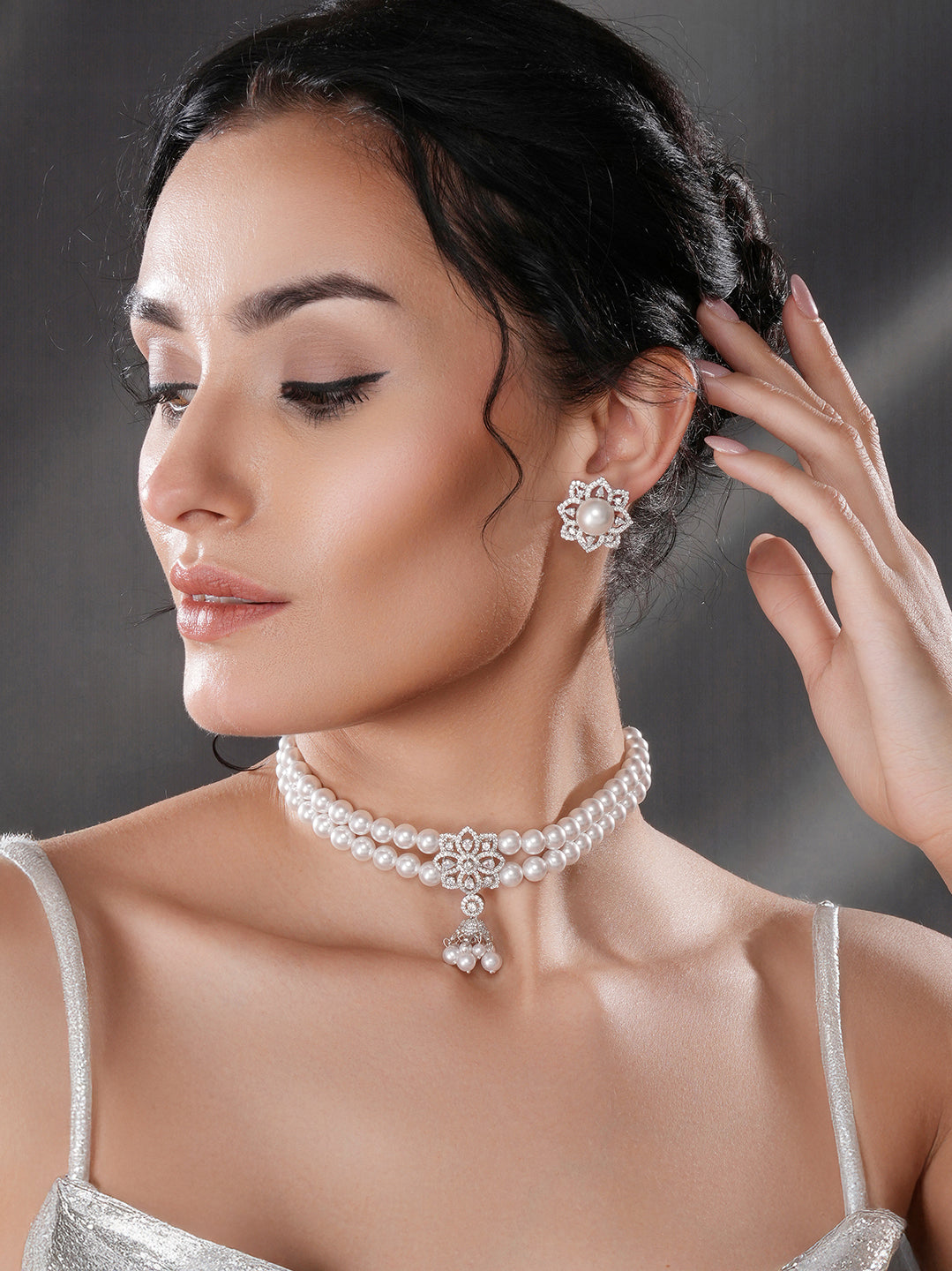 White Rhodium  Cubic Zirconia 2 Layered Pearl Beaded Statement Necklace Jewellery Set